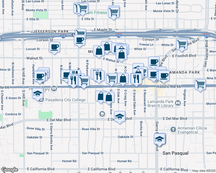 map of restaurants, bars, coffee shops, grocery stores, and more near 2 North San Marino Avenue in Pasadena