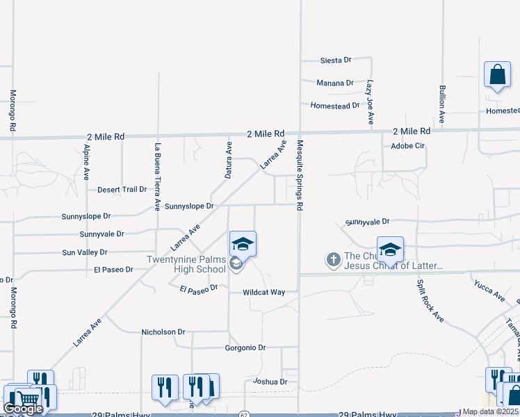 map of restaurants, bars, coffee shops, grocery stores, and more near 5911 Rose Ellen Avenue in Twentynine Palms
