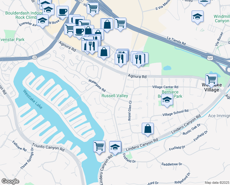 map of restaurants, bars, coffee shops, grocery stores, and more near 32111 Watergate Road in Westlake Village