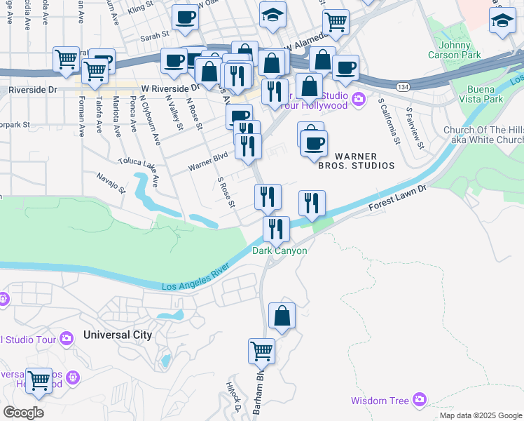 map of restaurants, bars, coffee shops, grocery stores, and more near 4411 West Olive Avenue in Burbank