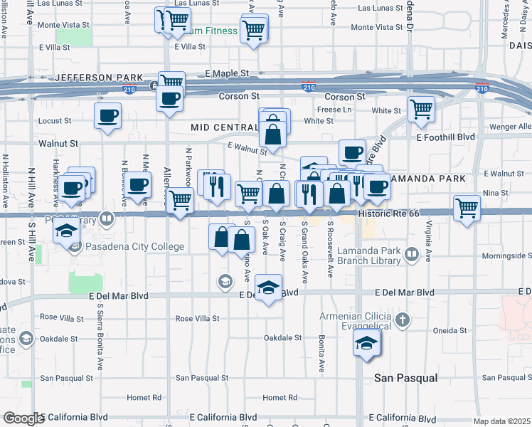 map of restaurants, bars, coffee shops, grocery stores, and more near E Colorado Blvd & S Oak Ave in Pasadena