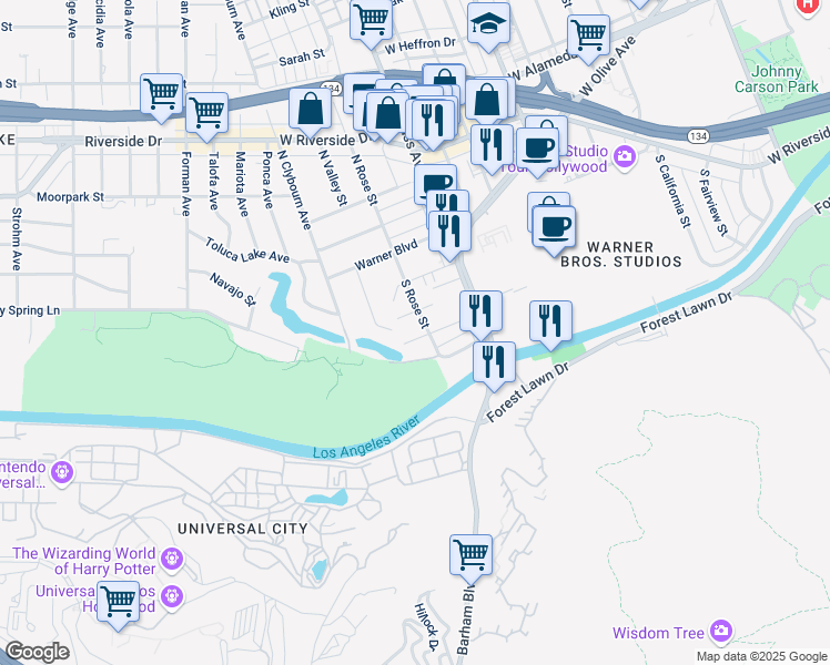map of restaurants, bars, coffee shops, grocery stores, and more near 4211 West Hood Avenue in Burbank