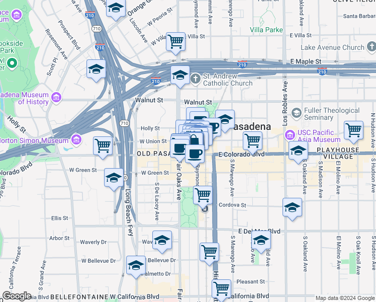 map of restaurants, bars, coffee shops, grocery stores, and more near 33 East Colorado Boulevard in Pasadena