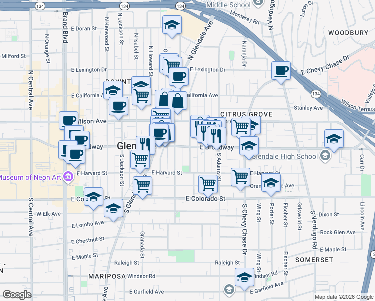 map of restaurants, bars, coffee shops, grocery stores, and more near 880 East Broadway in Glendale