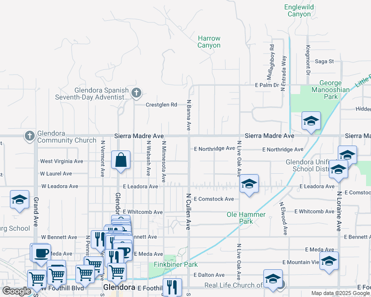 map of restaurants, bars, coffee shops, grocery stores, and more near 631 North Cullen Avenue in Glendora