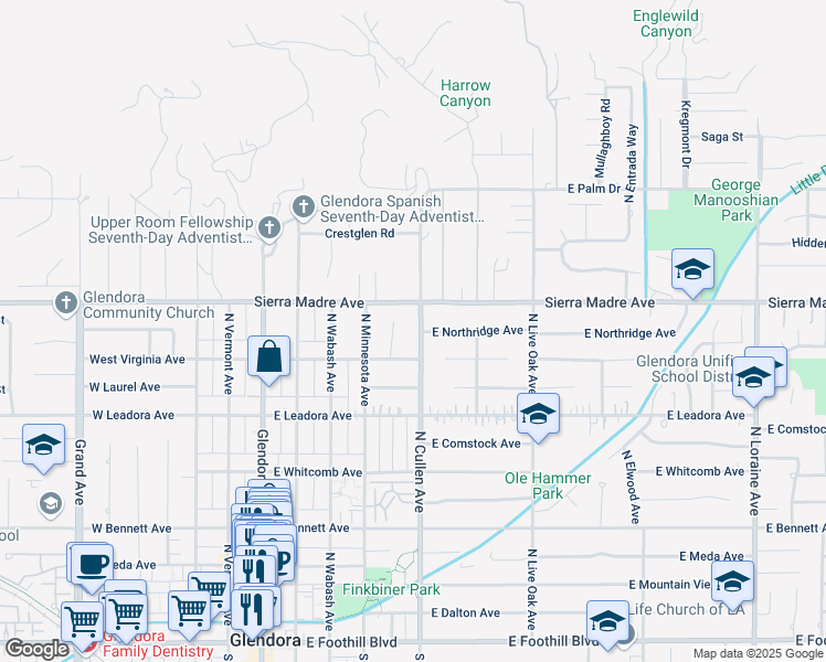 map of restaurants, bars, coffee shops, grocery stores, and more near 631 North Cullen Avenue in Glendora
