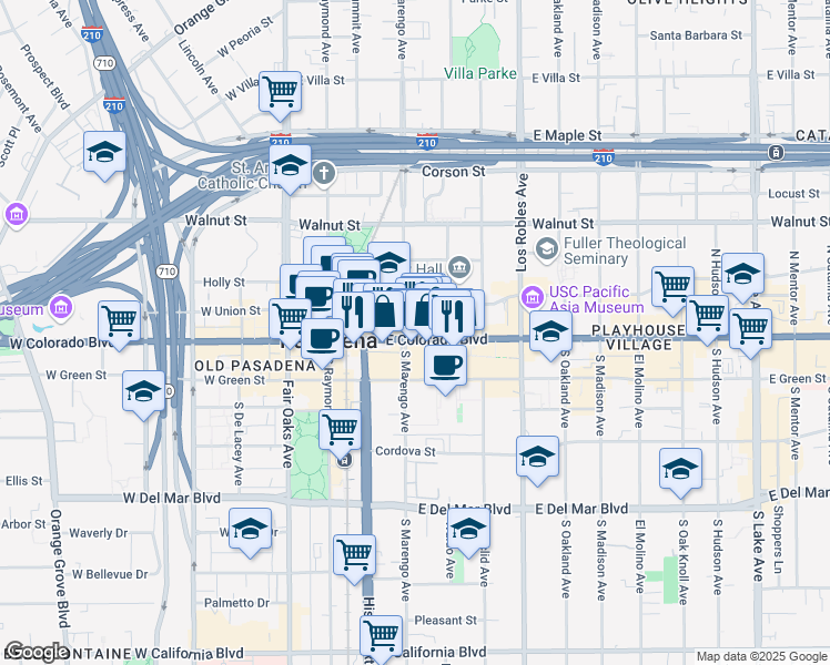 map of restaurants, bars, coffee shops, grocery stores, and more near in Pasadena