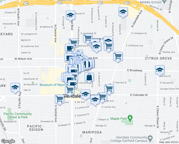 map of restaurants, bars, coffee shops, grocery stores, and more near 115 East Broadway in Glendale