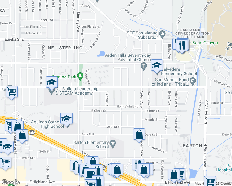 map of restaurants, bars, coffee shops, grocery stores, and more near 5935 Newcomb Street in San Bernardino