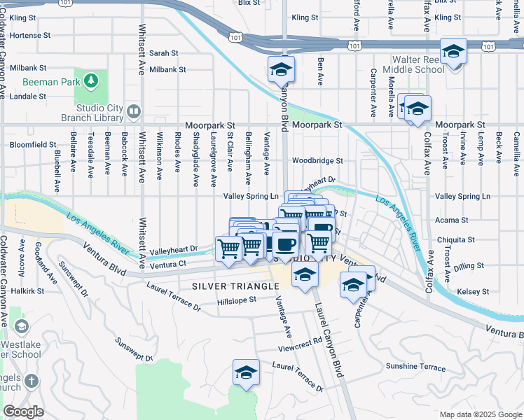 map of restaurants, bars, coffee shops, grocery stores, and more near 4143 Vantage Avenue in Los Angeles