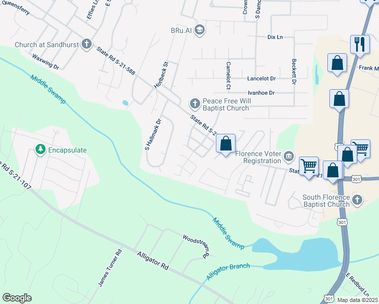 map of restaurants, bars, coffee shops, grocery stores, and more near 814 Old Woodlands Road in Florence