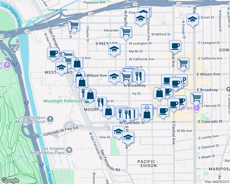 map of restaurants, bars, coffee shops, grocery stores, and more near 545 Ivy Street in Glendale