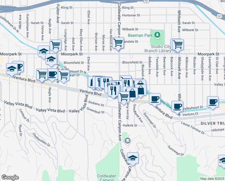 map of restaurants, bars, coffee shops, grocery stores, and more near 12930 Valleyheart Drive in Los Angeles