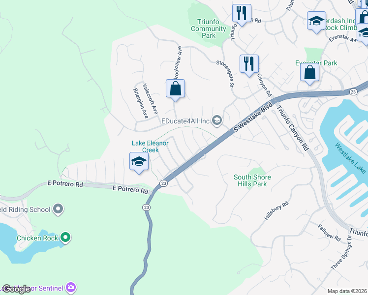 map of restaurants, bars, coffee shops, grocery stores, and more near 1453 Cheswick Place in Westlake Village
