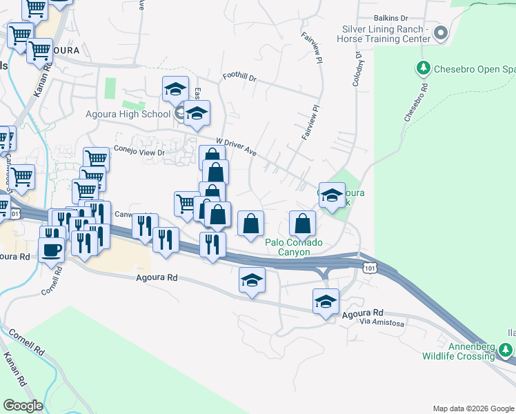 map of restaurants, bars, coffee shops, grocery stores, and more near 5349 Lewis Road in Agoura Hills