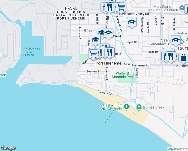 map of restaurants, bars, coffee shops, grocery stores, and more near 233 South Ventura Road in Port Hueneme
