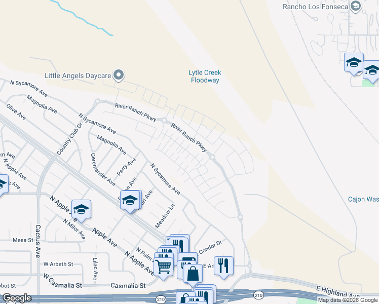 map of restaurants, bars, coffee shops, grocery stores, and more near 2458 Gunner Ridge Way in Rialto