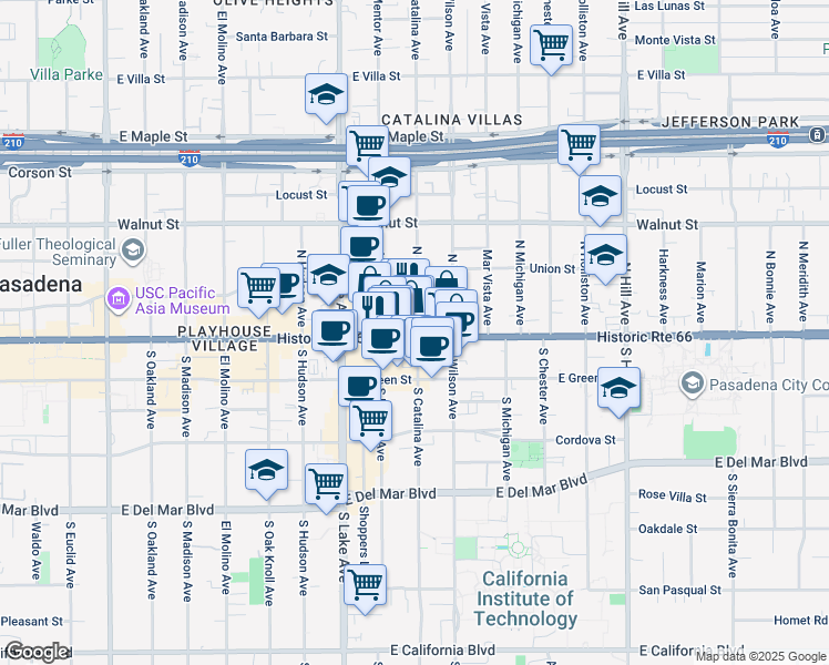 map of restaurants, bars, coffee shops, grocery stores, and more near 1009 East Colorado Boulevard in Pasadena