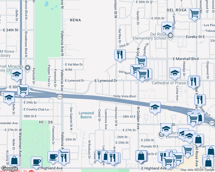 map of restaurants, bars, coffee shops, grocery stores, and more near 3048 North Casa Loma Drive in San Bernardino
