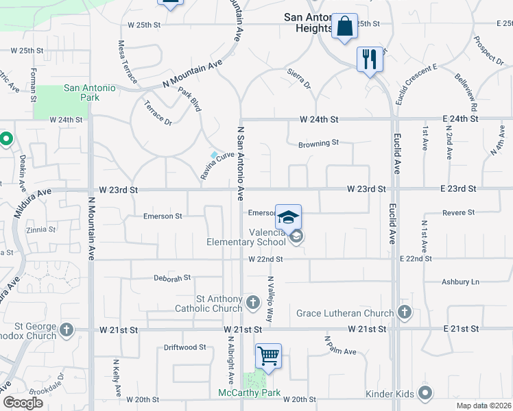 map of restaurants, bars, coffee shops, grocery stores, and more near 723 Emerson Street in Upland