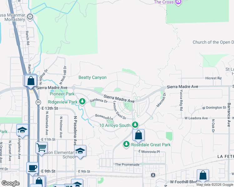 map of restaurants, bars, coffee shops, grocery stores, and more near 682 East Mandevilla Way in Azusa