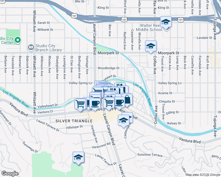 map of restaurants, bars, coffee shops, grocery stores, and more near 12036 Guerin Street in Los Angeles