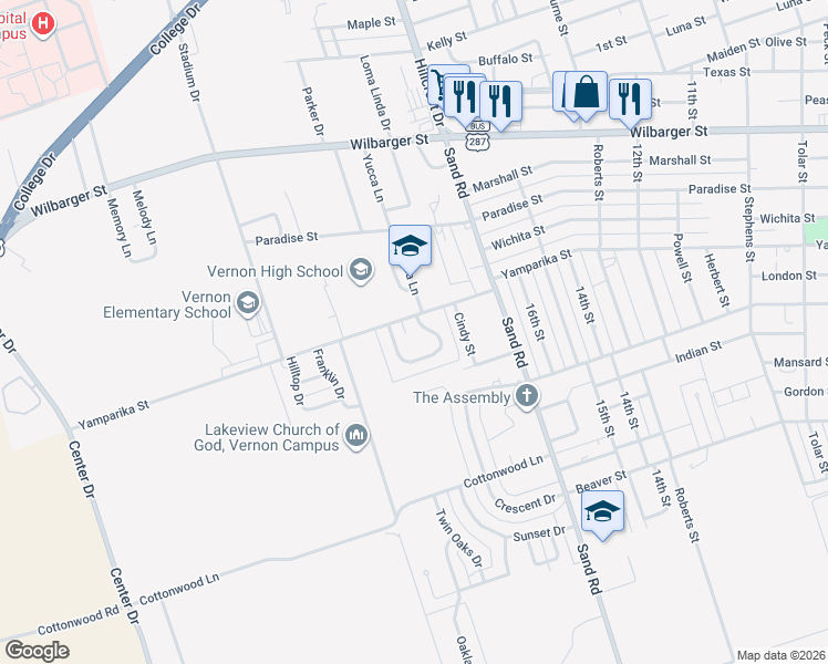 map of restaurants, bars, coffee shops, grocery stores, and more near 2227 Clair Drive in Vernon