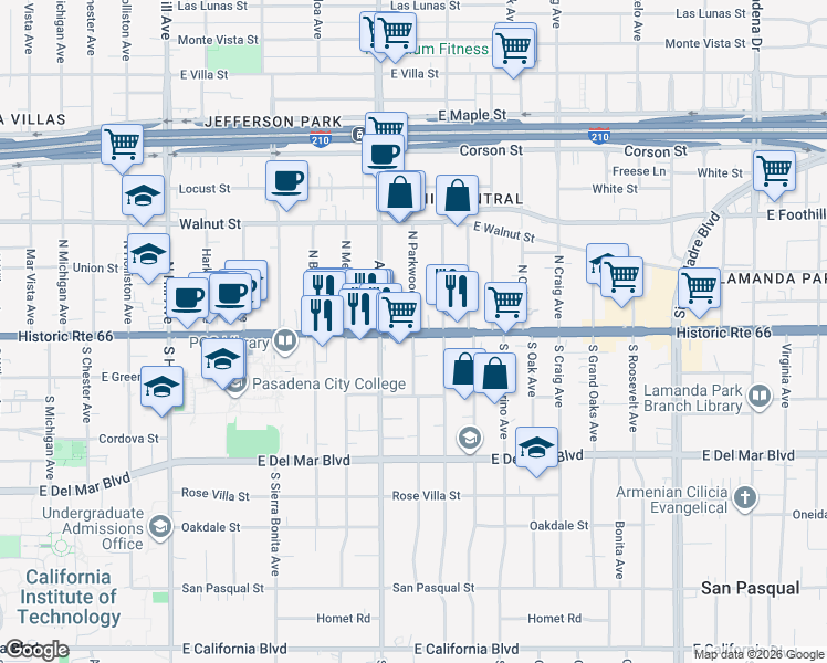 map of restaurants, bars, coffee shops, grocery stores, and more near 2 North Parkwood Avenue in Pasadena