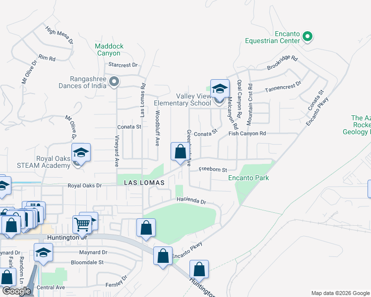 map of restaurants, bars, coffee shops, grocery stores, and more near 535 Greenbank Avenue in Duarte