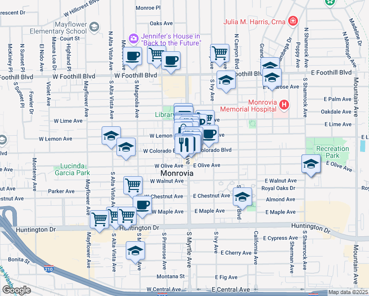 map of restaurants, bars, coffee shops, grocery stores, and more near 125 West Colorado Boulevard in Monrovia