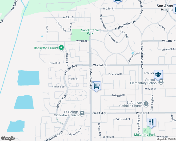 map of restaurants, bars, coffee shops, grocery stores, and more near 2278 Verbena Avenue in Upland