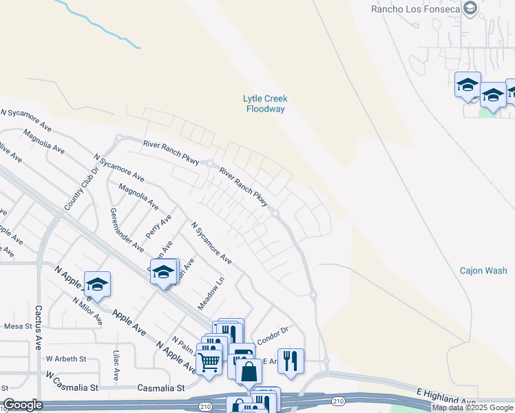 map of restaurants, bars, coffee shops, grocery stores, and more near 2455 Gunner Ridge Way in Rialto
