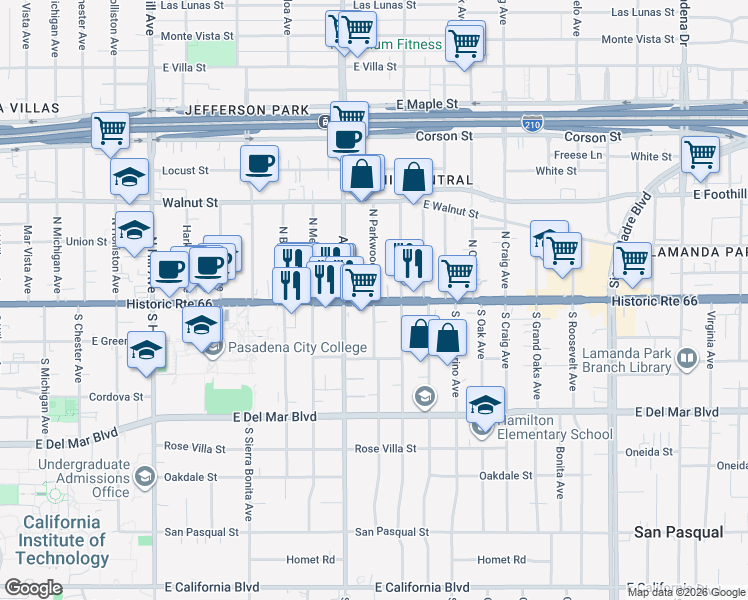 map of restaurants, bars, coffee shops, grocery stores, and more near 2 North Parkwood Avenue in Pasadena