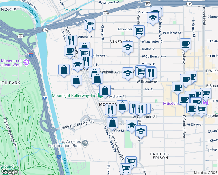 map of restaurants, bars, coffee shops, grocery stores, and more near 655 Ivy Street in Glendale