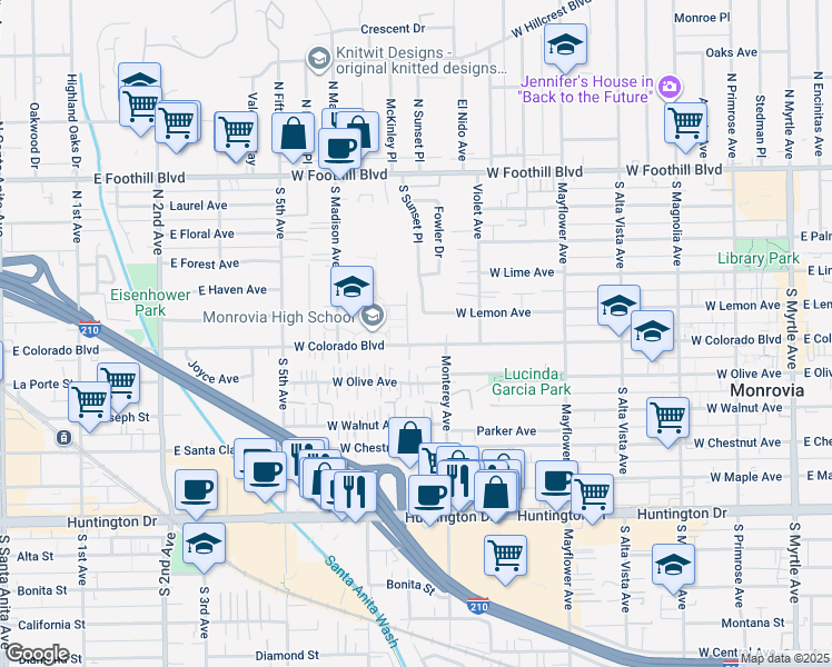 map of restaurants, bars, coffee shops, grocery stores, and more near 777 West Colorado Boulevard in Monrovia