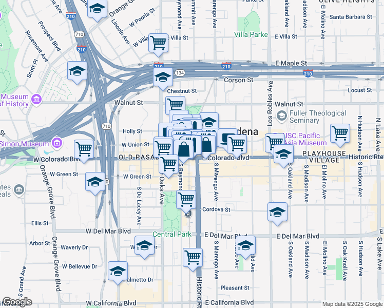 map of restaurants, bars, coffee shops, grocery stores, and more near in Pasadena