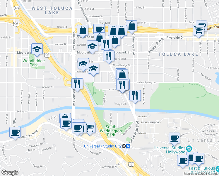 map of restaurants, bars, coffee shops, grocery stores, and more near 10749 Acama Street in Los Angeles
