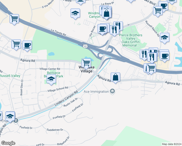 map of restaurants, bars, coffee shops, grocery stores, and more near 31501 Lindero Canyon Road in Westlake Village