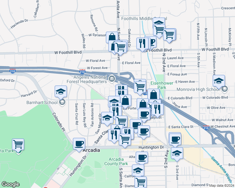 map of restaurants, bars, coffee shops, grocery stores, and more near 511 North Santa Anita Avenue in Arcadia