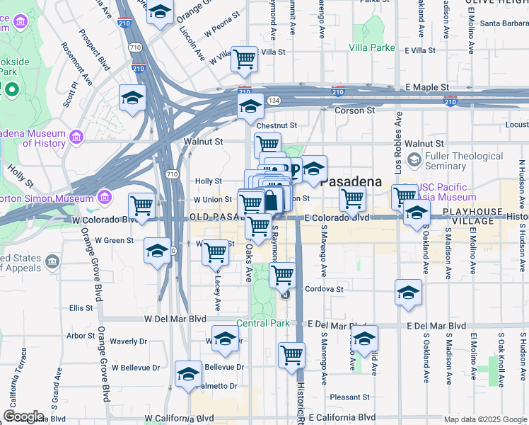 map of restaurants, bars, coffee shops, grocery stores, and more near 65 East Colorado Boulevard in Pasadena