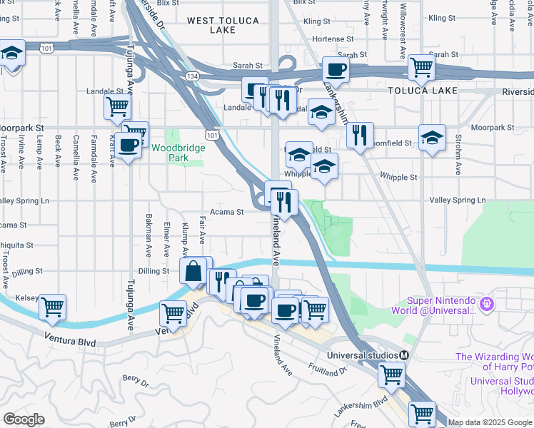map of restaurants, bars, coffee shops, grocery stores, and more near 11014 Acama Street in Los Angeles