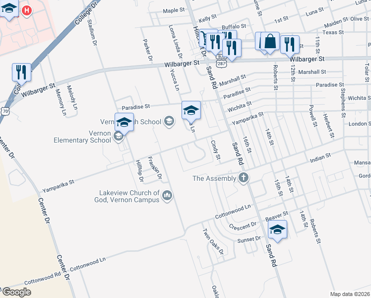 map of restaurants, bars, coffee shops, grocery stores, and more near 2227 Clair Drive in Vernon
