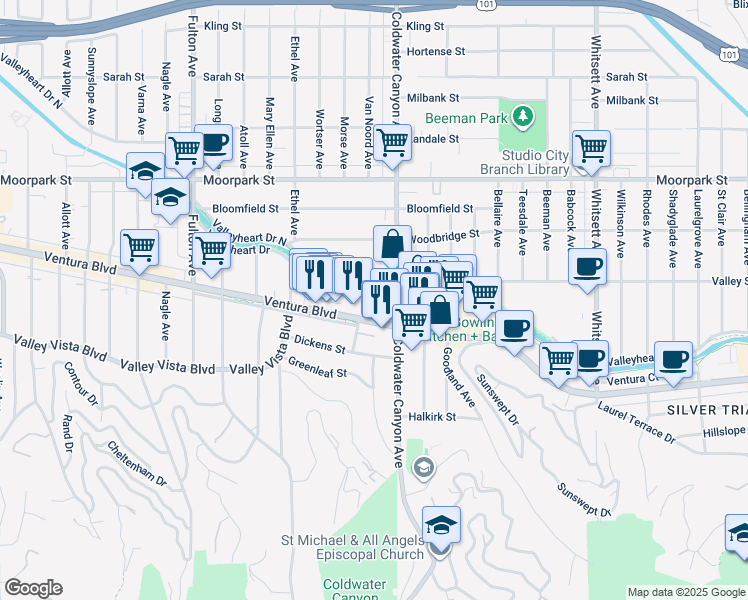 map of restaurants, bars, coffee shops, grocery stores, and more near 12930 Valleyheart Drive in Los Angeles