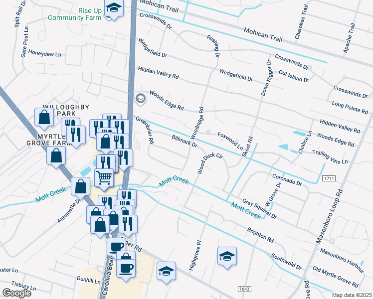 map of restaurants, bars, coffee shops, grocery stores, and more near 5606 Woodridge Road in Wilmington