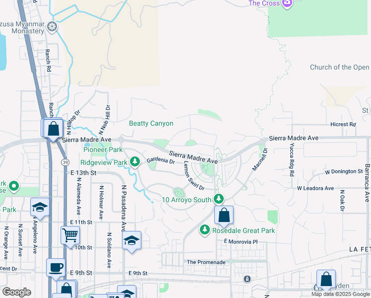 map of restaurants, bars, coffee shops, grocery stores, and more near 682 East Mandevilla Way in Azusa