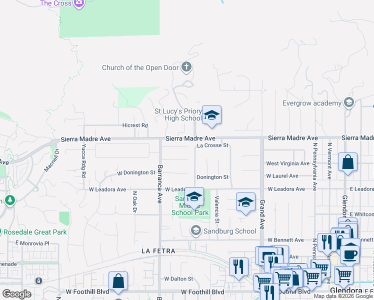 map of restaurants, bars, coffee shops, grocery stores, and more near 806 La Crosse Street in Glendora