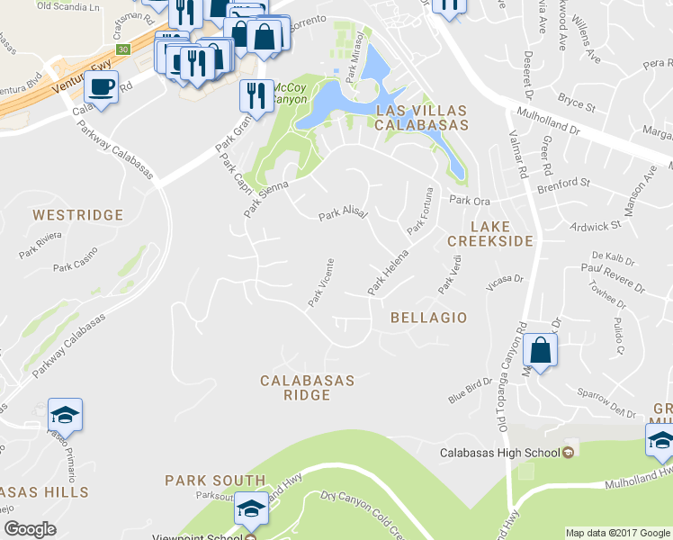map of restaurants, bars, coffee shops, grocery stores, and more near 4372 Park Vicente in Calabasas