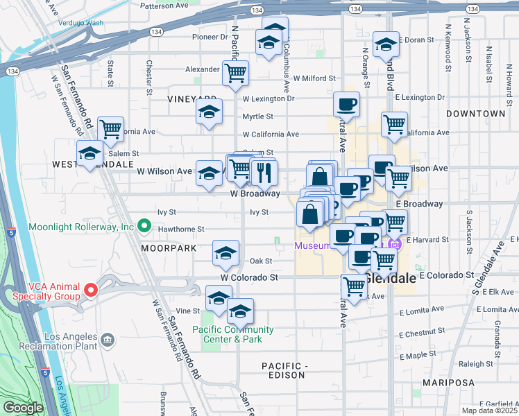 map of restaurants, bars, coffee shops, grocery stores, and more near 451 Ivy Street in Glendale
