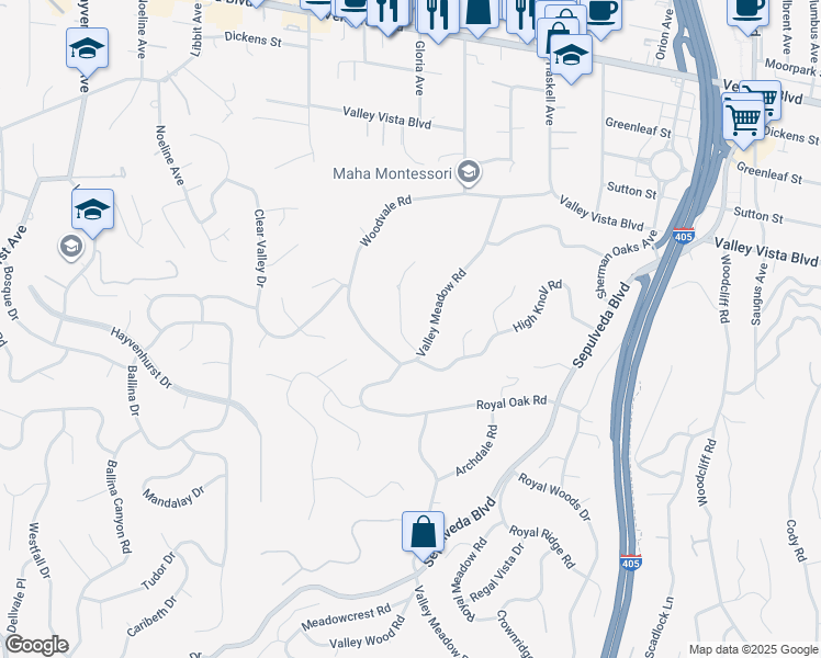 map of restaurants, bars, coffee shops, grocery stores, and more near 15901 High Knoll Road in Los Angeles
