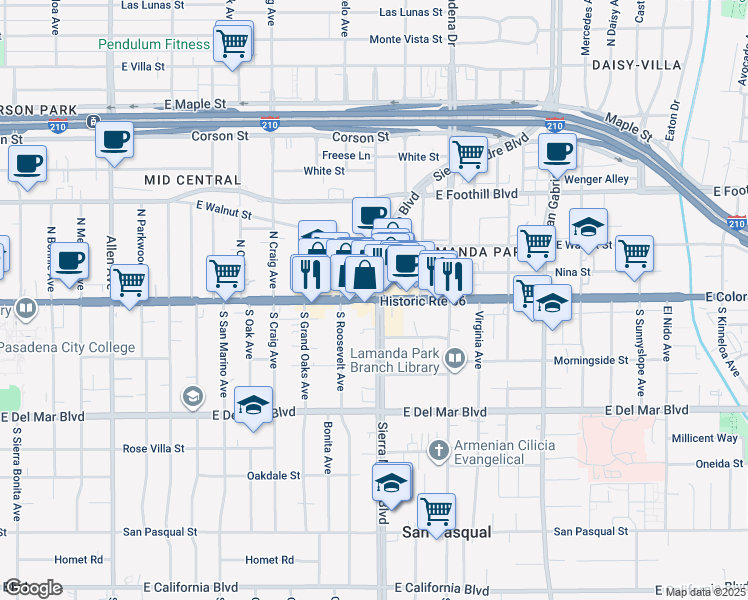 map of restaurants, bars, coffee shops, grocery stores, and more near 2355 East Colorado Boulevard in Pasadena